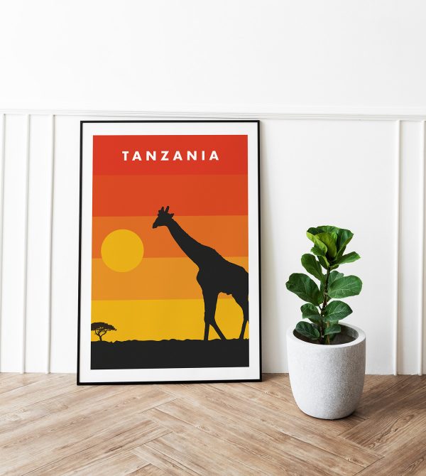 Illustration girafe Tanzanie fond orange