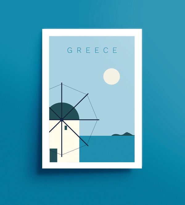 Affiche décorative Moulin Grèce avec mer et ciel bleu