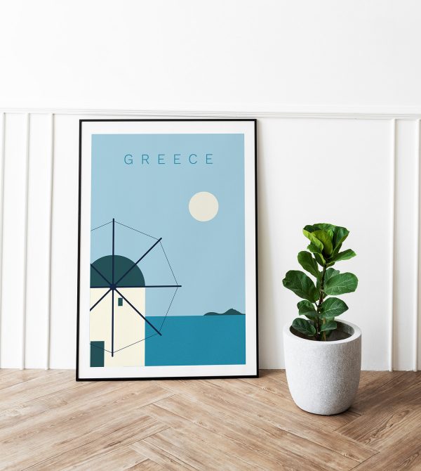 Affiche Moulin Grèce encadrée dans une déco bord de mer