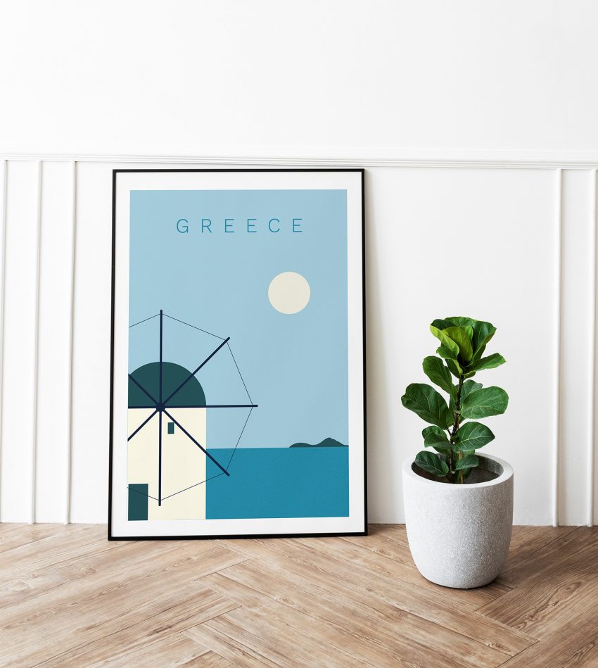 Affiche Moulin Grèce encadrée dans une déco bord de mer