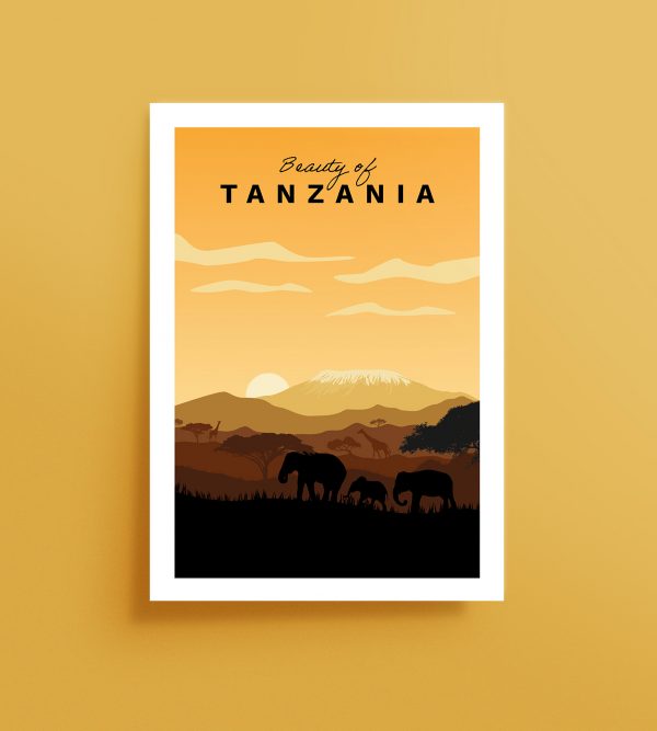 Affiche décorative Afrique coucher de soleil éléphants Kilimandjaro