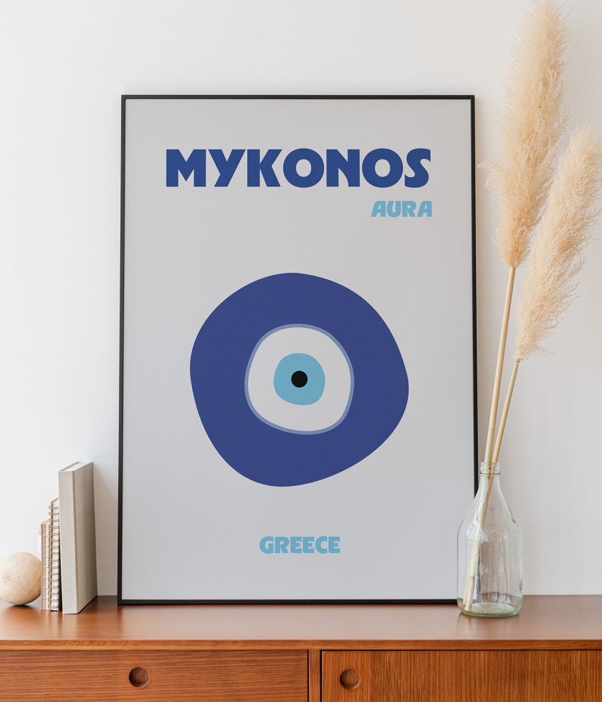 Zoom sur la texture papier demi-mat de l’affiche œil grec