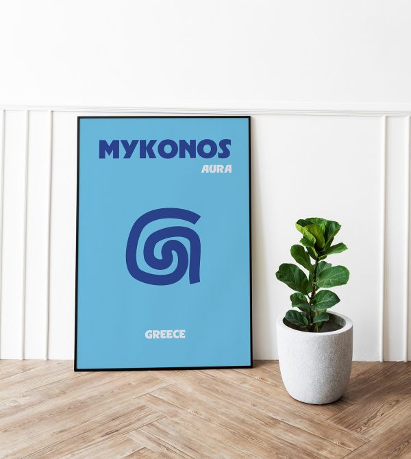 Affiche Mykonos Aura encadrée dans une déco moderne