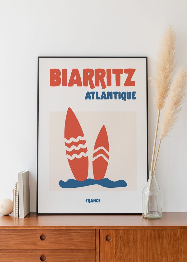 Affiche déco Biarritz Atlantique fond clair – surf et océan