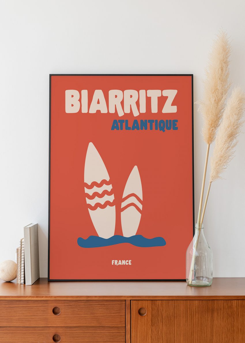 Affiche déco Biarritz Atlantique fond coloré – style rétro