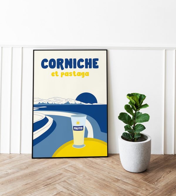 affiche Corniche Marseille encadrée dans un salon méditerranéen