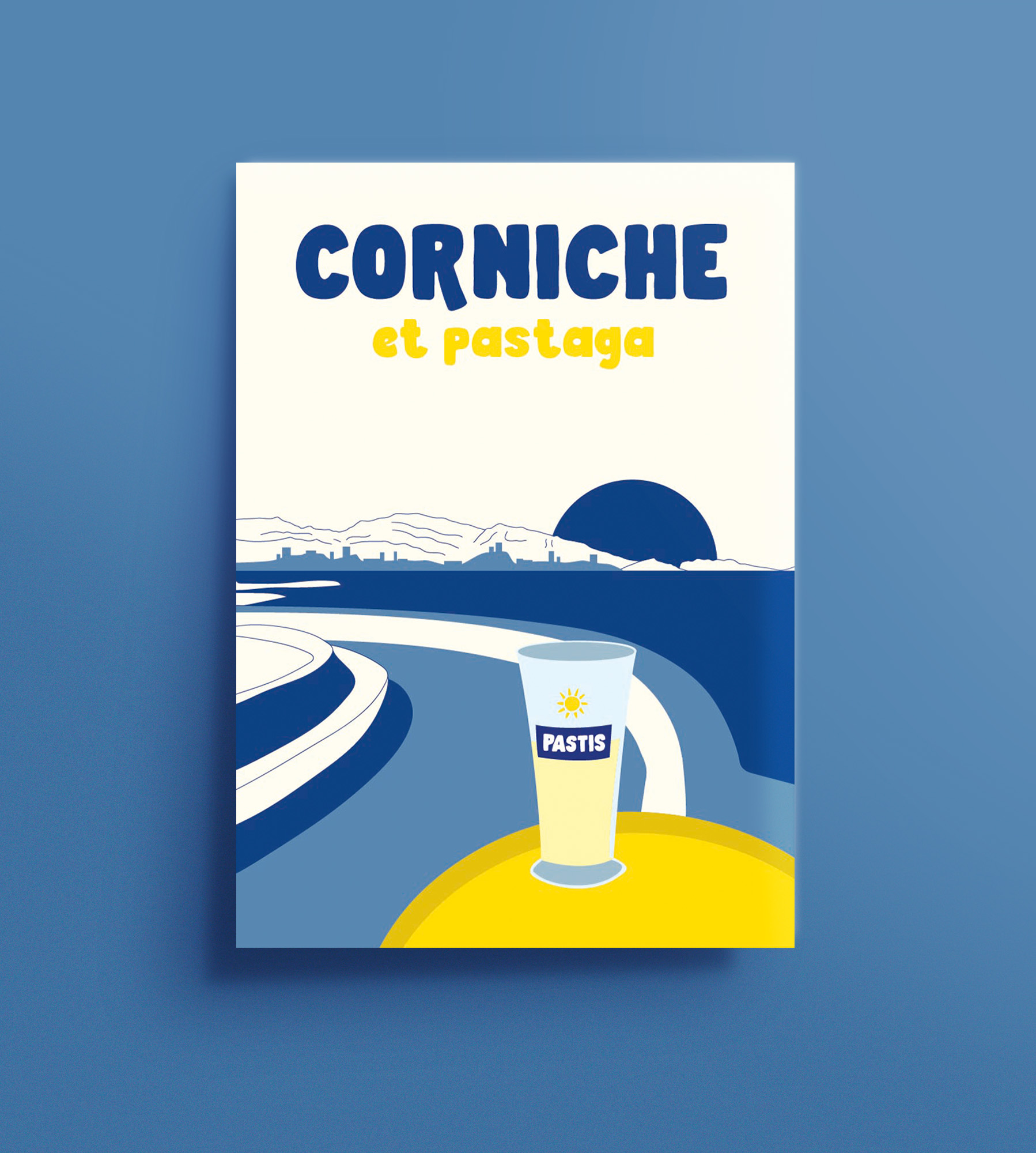affiche Corniche Marseille minimaliste bleu et jaune avec verre de pastis