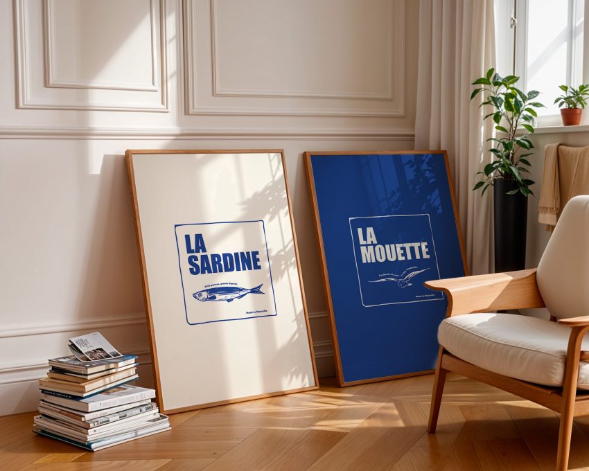 duo affiches déco sud sardine Marseille fond blanc et fond bleu