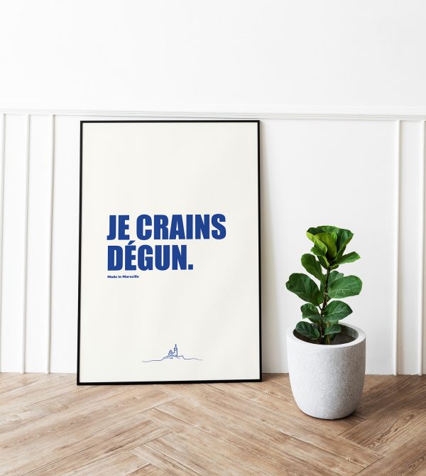 Gros plan sur la typographie bleue de l’affiche je crains dégun et la texture papier
