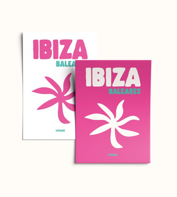 Duo d’affiches Ibiza Baléares fond blanc et fond rose