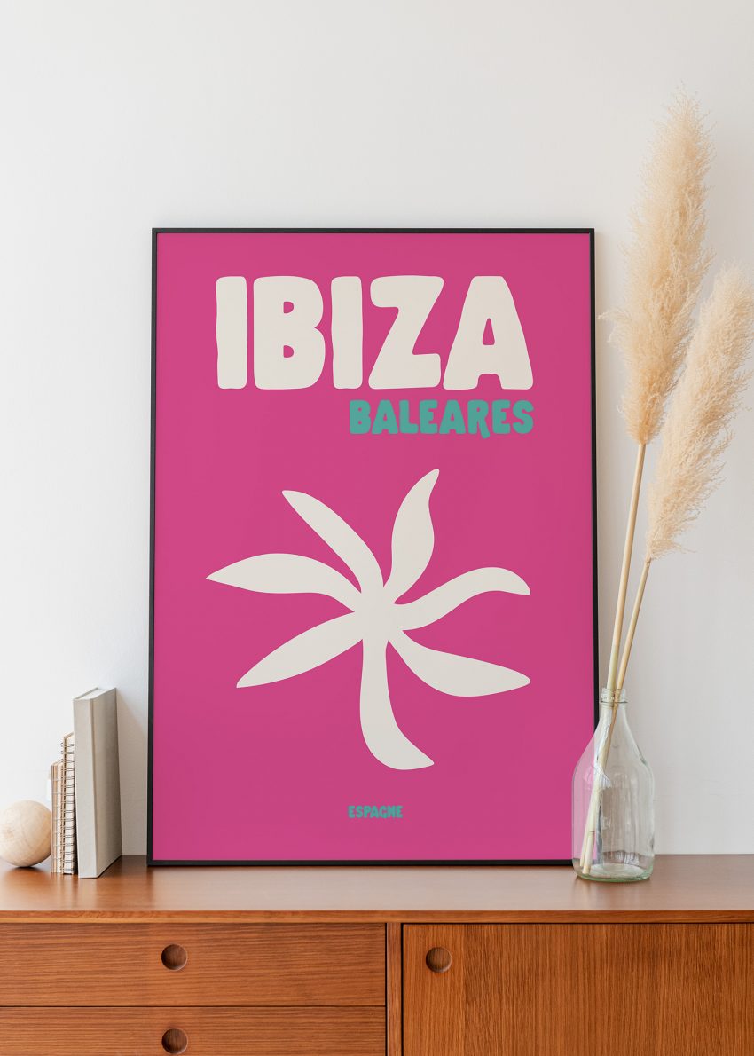 Affiche Ibiza Baléares fond rose – déco murale colorée