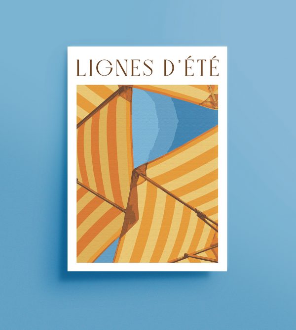 affiche parasol jaune minimaliste sur ciel bleu