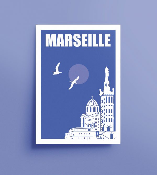 affiche Bonne Mère Marseille minimaliste bleu et jaune