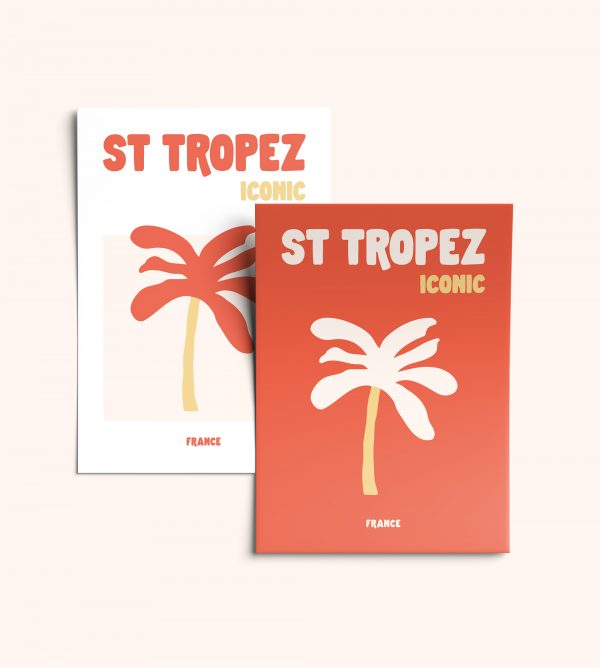 Deux affiches déco Saint-Tropez Iconic, version fond blanc et fond rouge orangé, posées sur fond clair.
