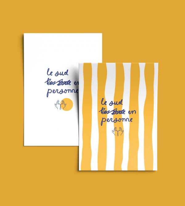 affiche déco Le Sud en personne fond blanc et fond rayé jaune