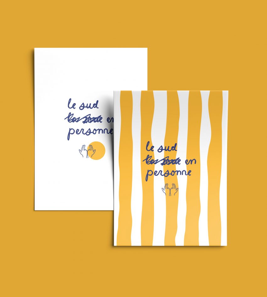 affiche déco Le Sud en personne fond blanc et fond rayé jaune