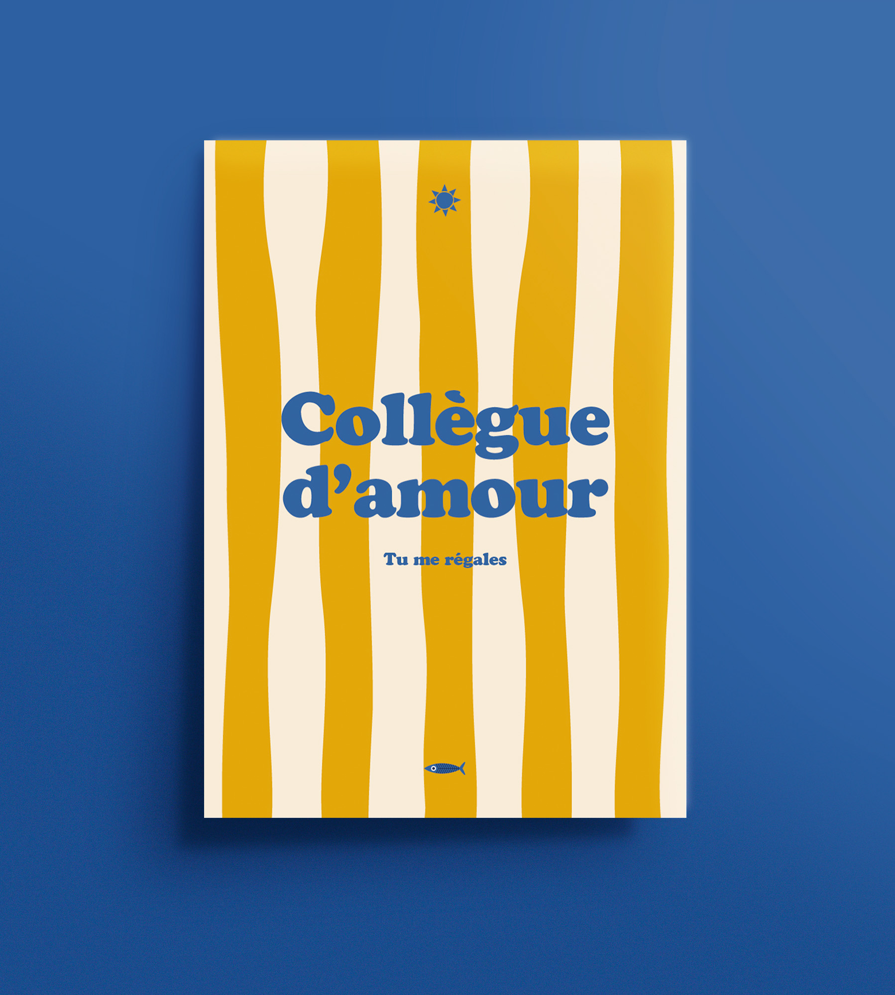 Affiche Collègue d’amour avec rayures jaunes et typographie bleue, design marseillais