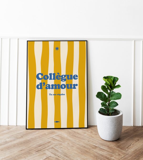Détail de l’affiche Collègue d’amour, couleurs jaune soleil et bleu sud