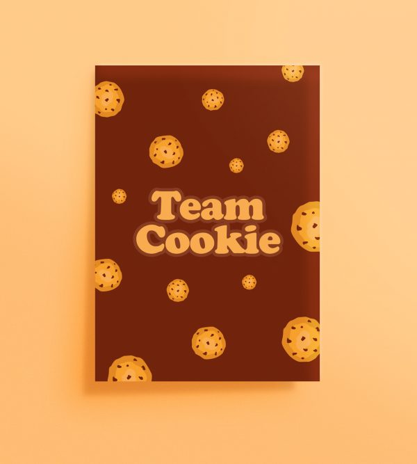 Affiche Team Cookie, design gourmand avec cookies illustrés sur fond chocolat